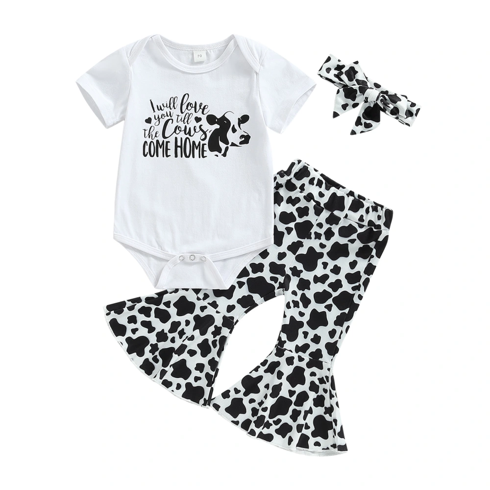 Girls White Short Sleeve Romper + Cow Print Flared Pants + Headband