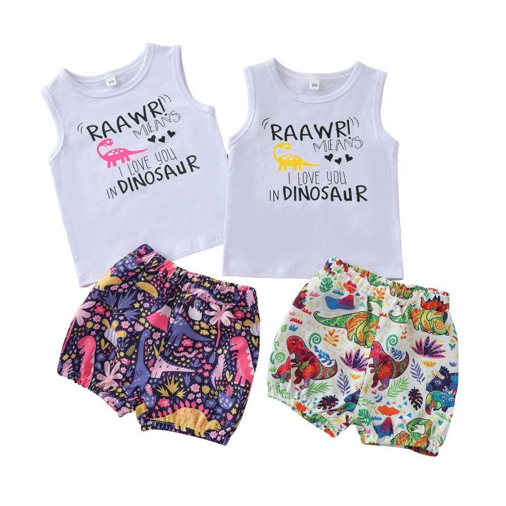 Little Girl’s Fashion Letter Vest and Dinosaur Flower Shorts Suit