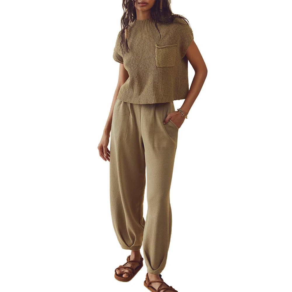 Women Pants Set, Short Sleeve Crew Neck Knit T-shirt + Trousers