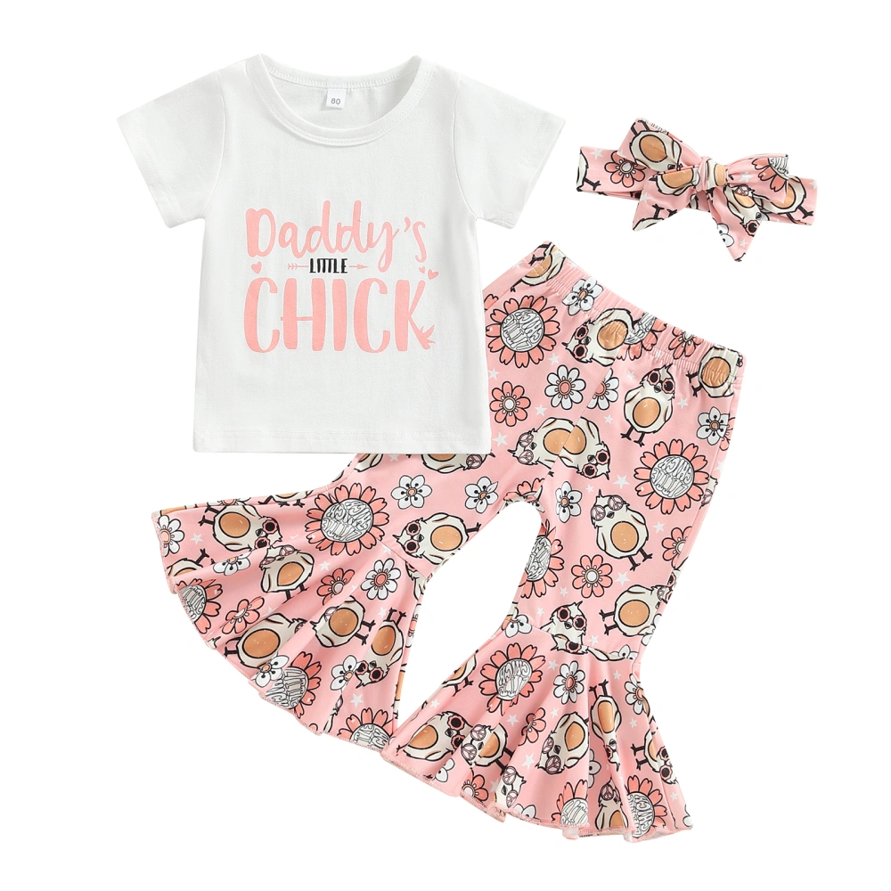 Girls White Short Sleeve Tops + Chicken Print Flared Pants + Headband