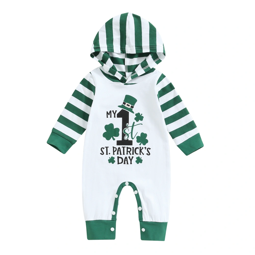 Newborn Baby Hooded Romper, Long Sleeve Shamrock Letter Print Jumpsuit