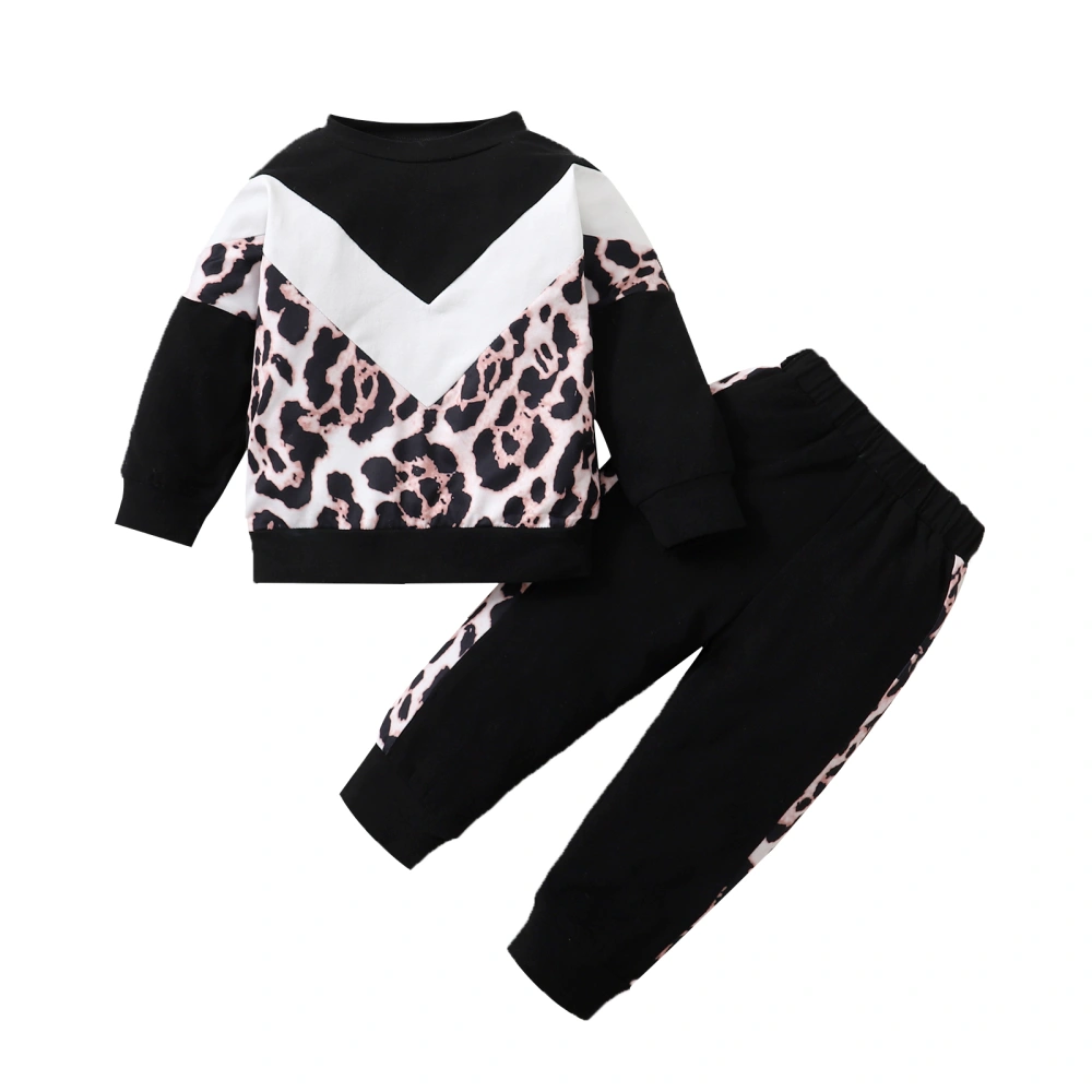 Girl Leopard Print Clothes Set, Contrast Color Pullover+Long Pants