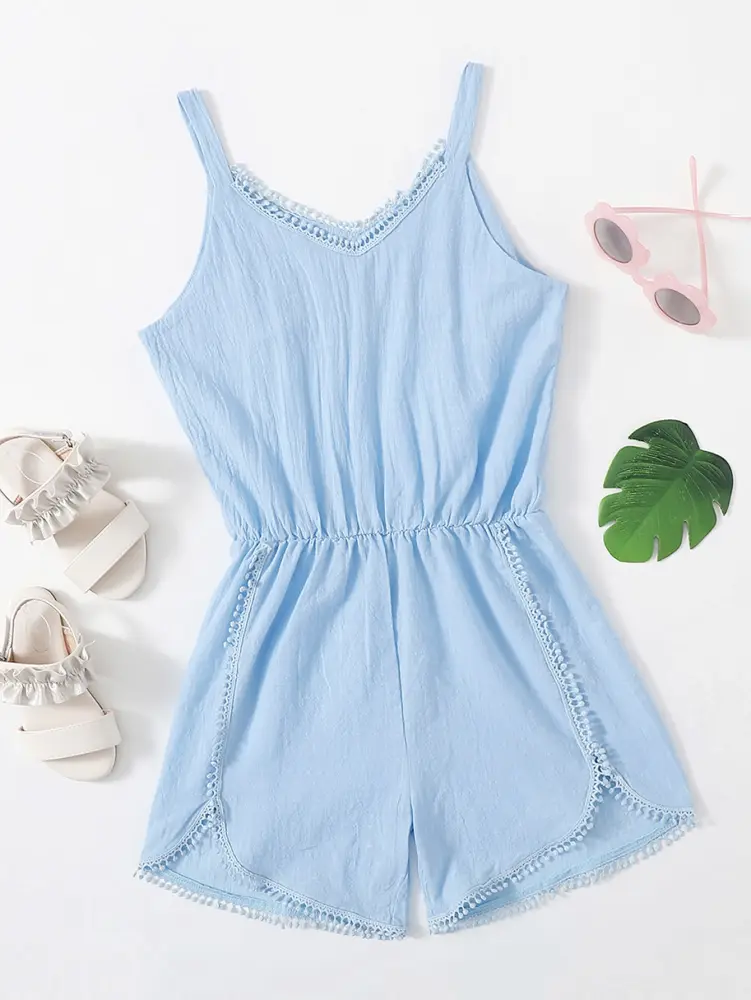 Toddler Girls Summer Blue Sleeveless V Neck Tassel Decor Jumpsuit