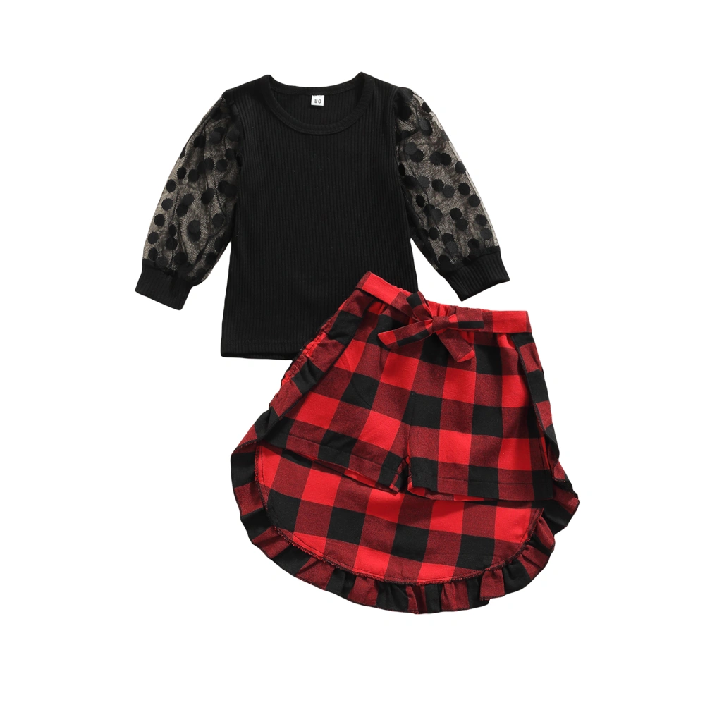 Girl’s Mesh Yarn Long Sleeve Tops and Plaid Short Pants with Skirt