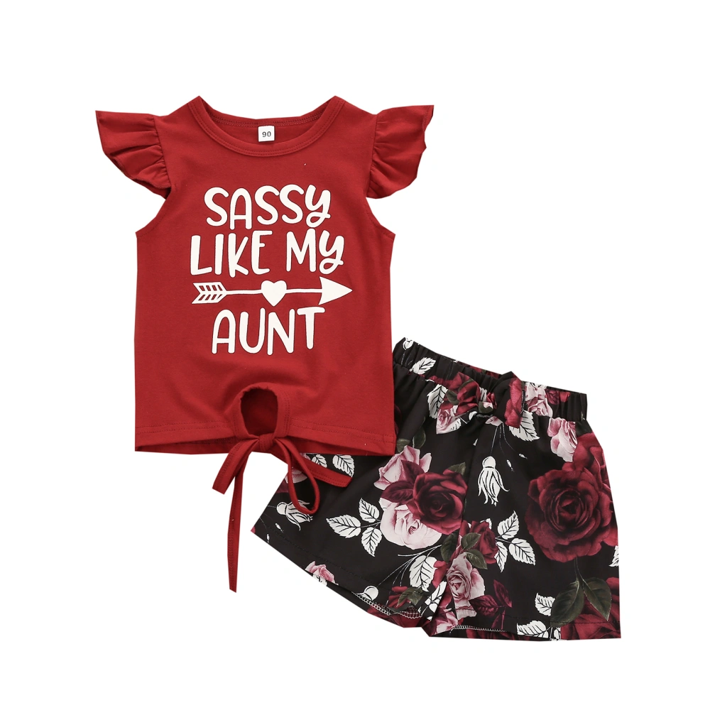 Girl’s Letter Printed Fly Sleeve T-shirt and Bow Flower Shorts Set