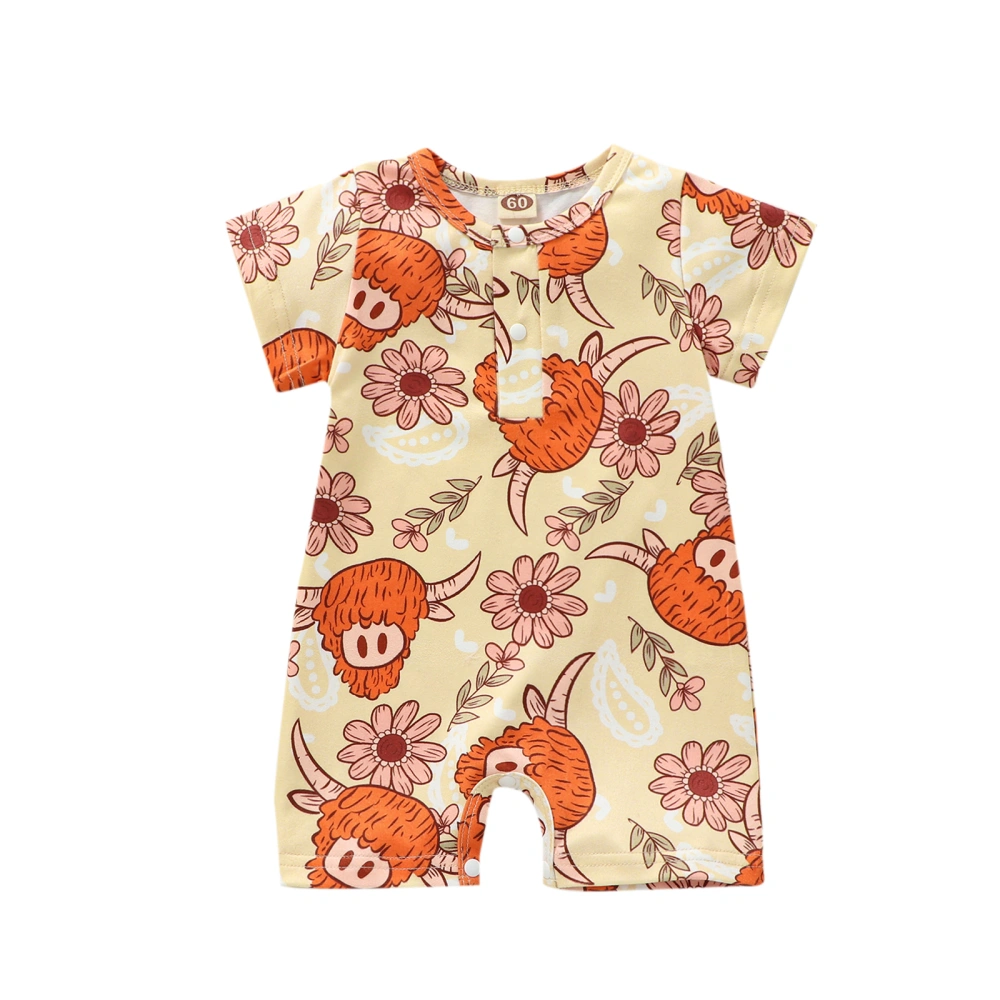 Baby Girls Jumpsuit Summer Floral Bull Head Print Short Sleeve Romper