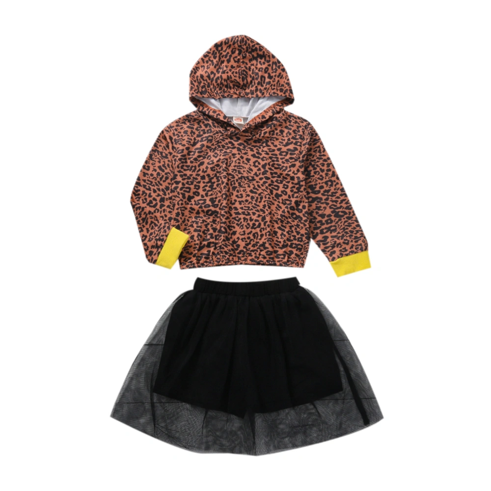 2Pcs Kid Tracksuit, Girls Leopard Print Sweatshirt + Mesh Pantskirt