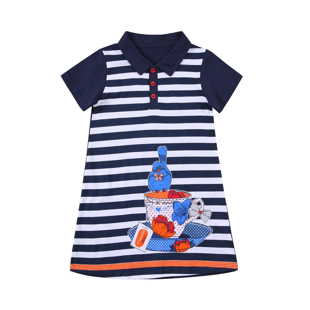 Baby Short-sleeved Dress with Horizontal Stripes, Cartoon Print