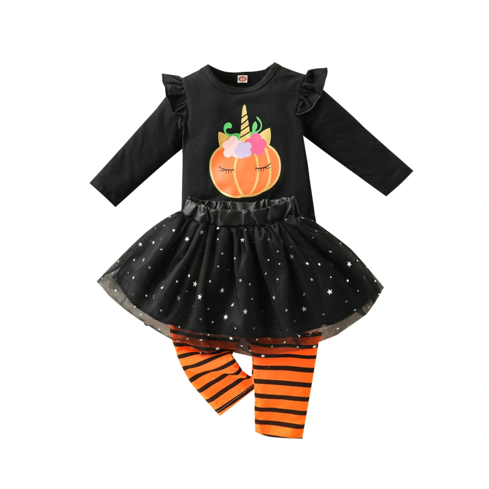 Girls Halloween Clothes Set, Black Pullover, Leggings and Yarn Skirt