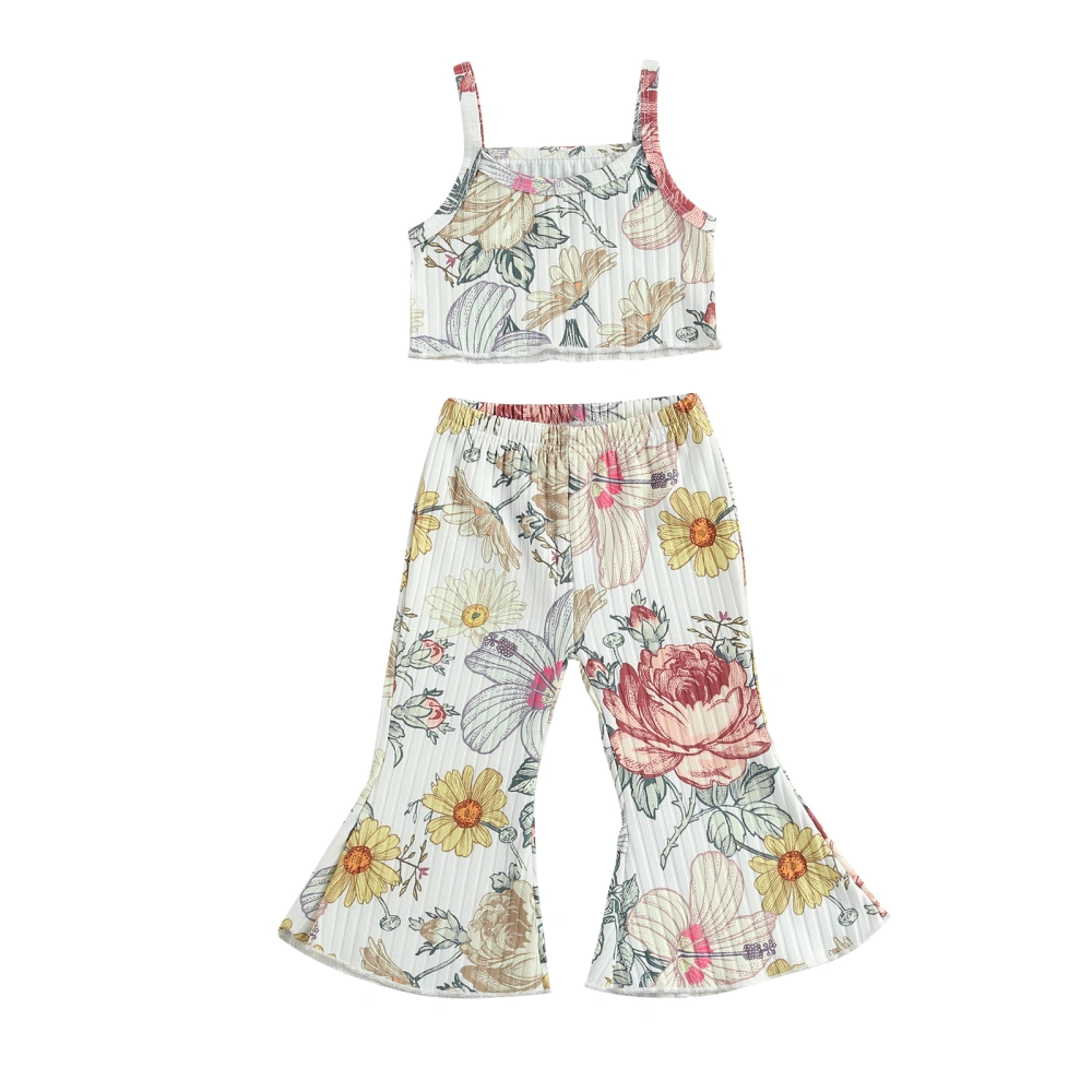 2Pcs Toddler Girl Summer Outfits, Floral Print Tank Tops + Flare Pants