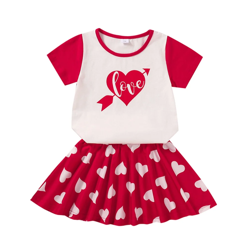 Girl’s Arrow/Letter Printed Short Sleeve Tops and Heart Short Skirt