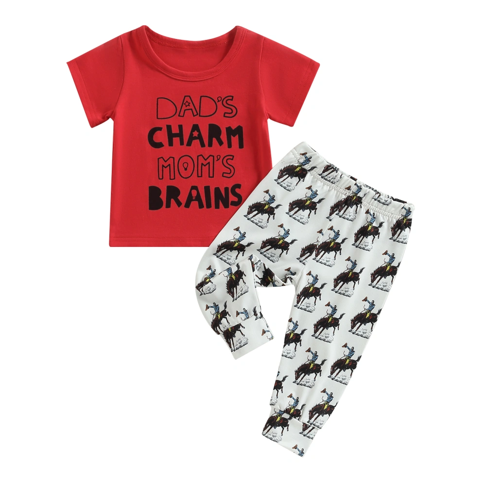 Baby Boys Pants Set, Short Sleeve Letters T-shirt + Horse Print Pants