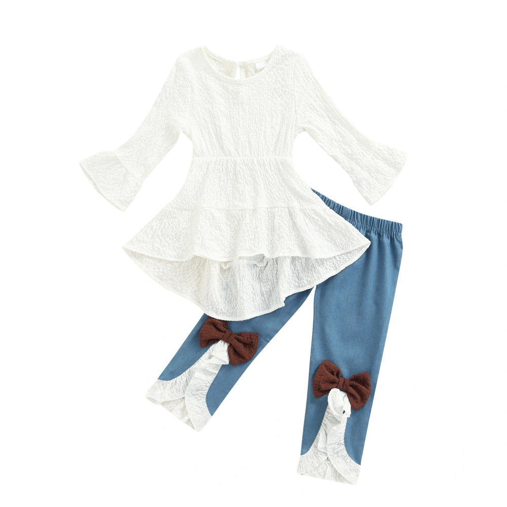 Little Girl Dress Set, Long Sleeve Round Neck Tops Lace Hem Pants 