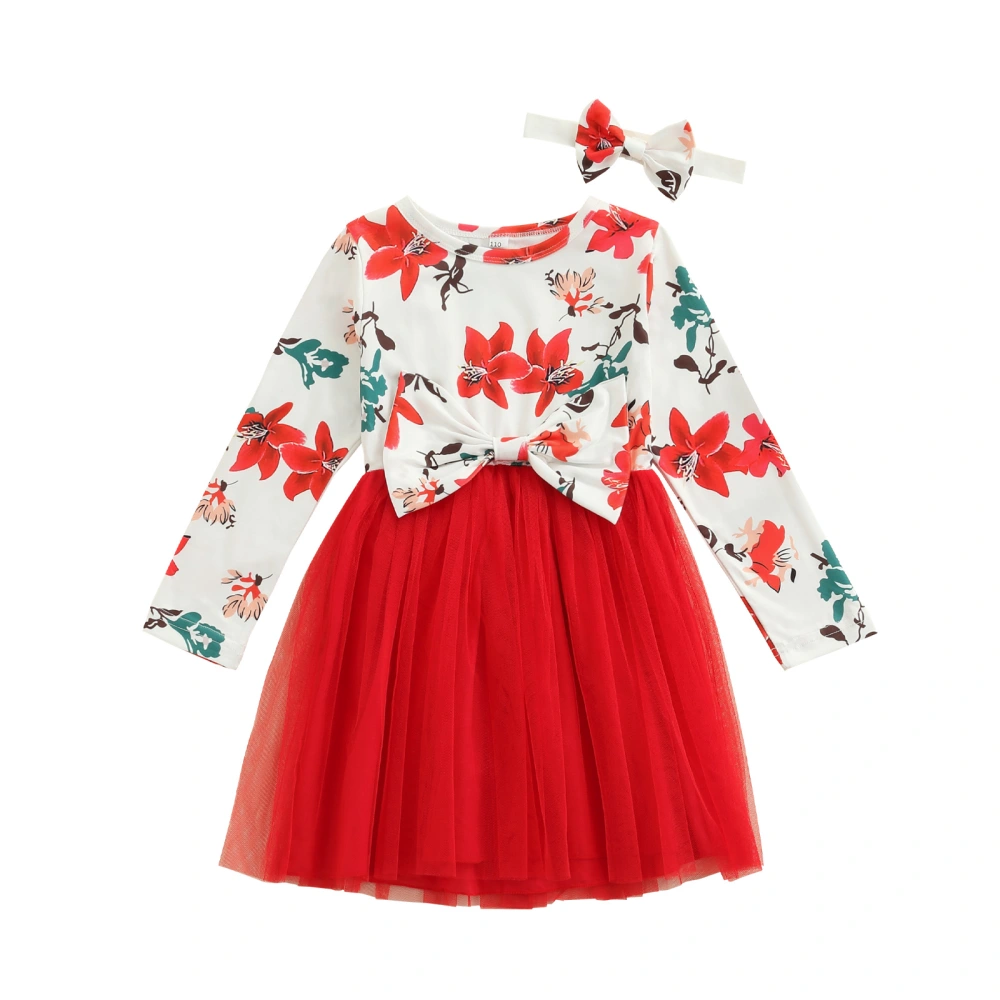 2Pcs Girls Dress, Floral Long Sleeve Casual Gauze Skirt + Hair Band