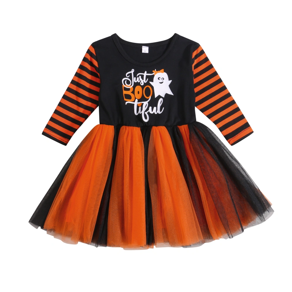 Kids Dress, Halloween Letter Ghost Print O-Neck Long Sleeve One-Piece