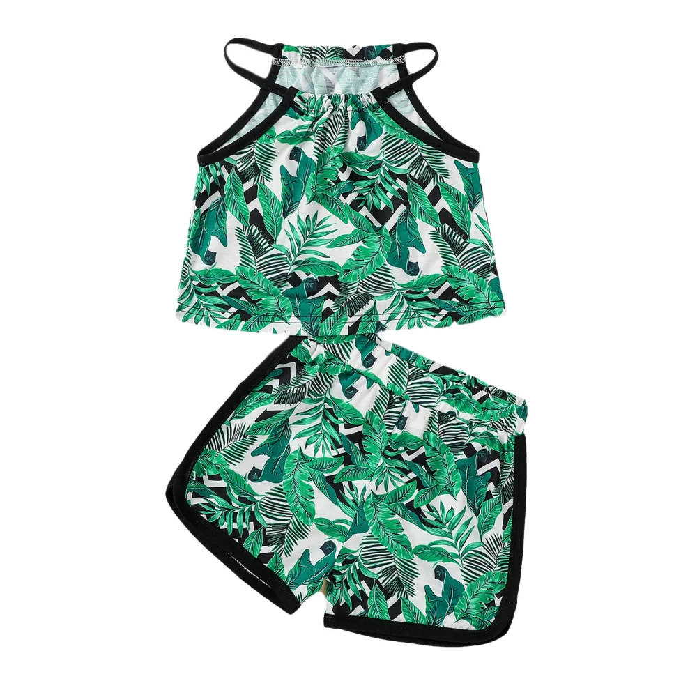 Girls Leaf Print Clothes Set, Sleeveless Tops+Side Split Short Pants