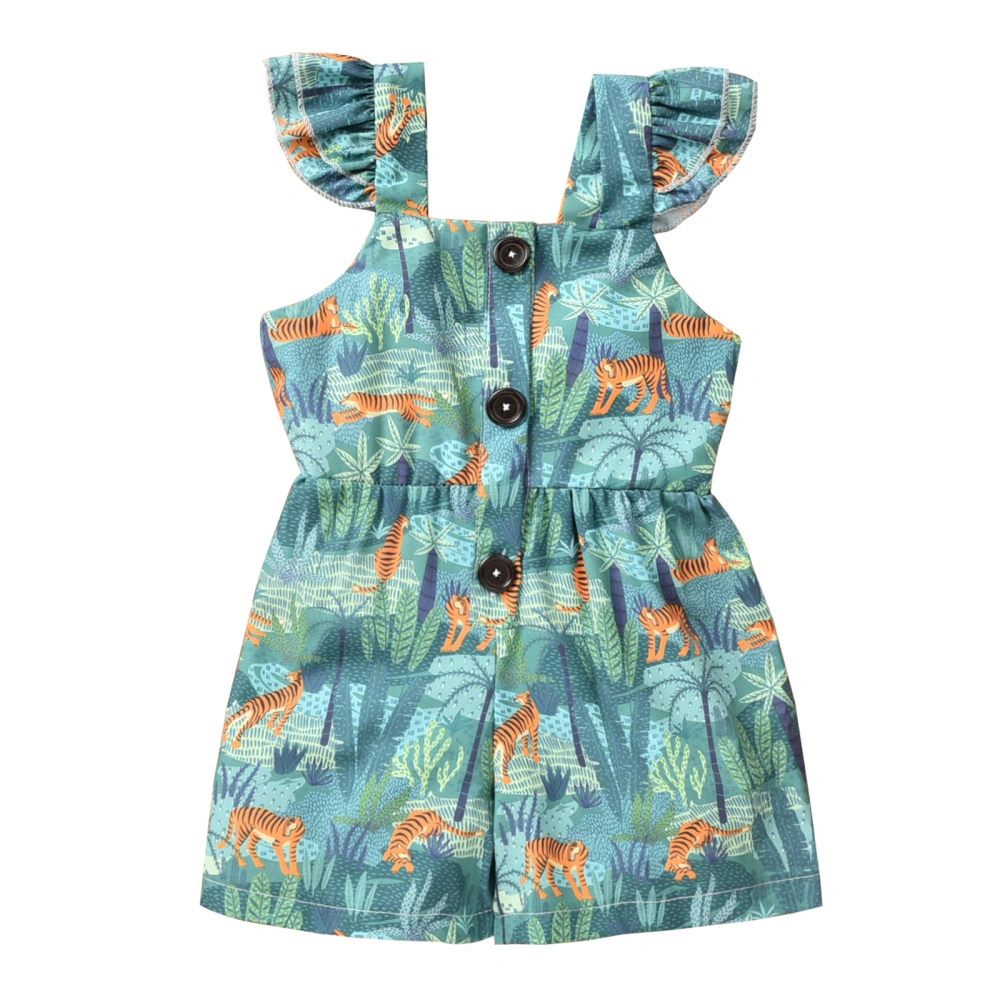 Girl’s Fly Sleeve Tiger Plant Printed Single-breasted Short Jumpsuit