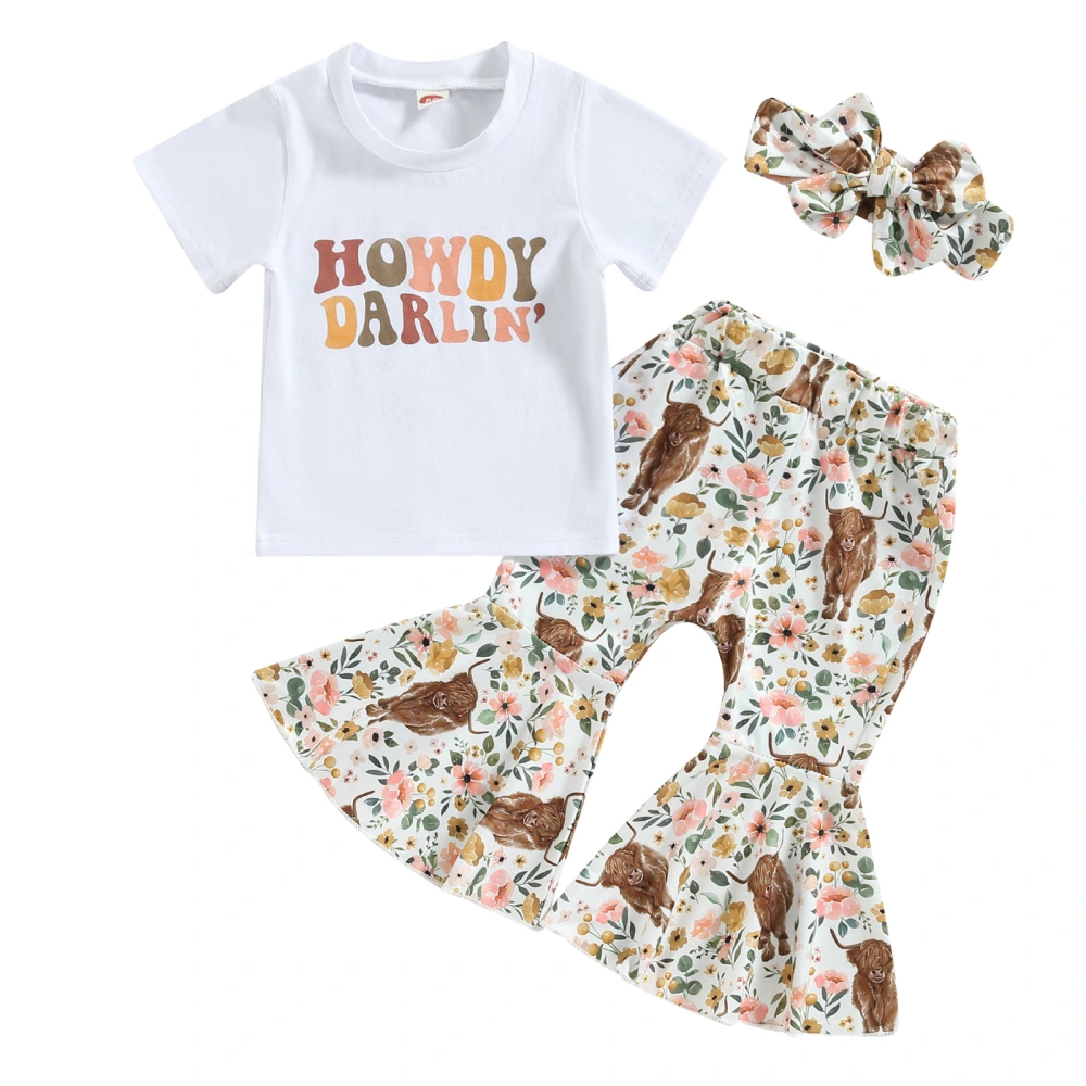 Kid Girls Pants Set Letters T-shirt + Cow Print Flare Pants + Headband