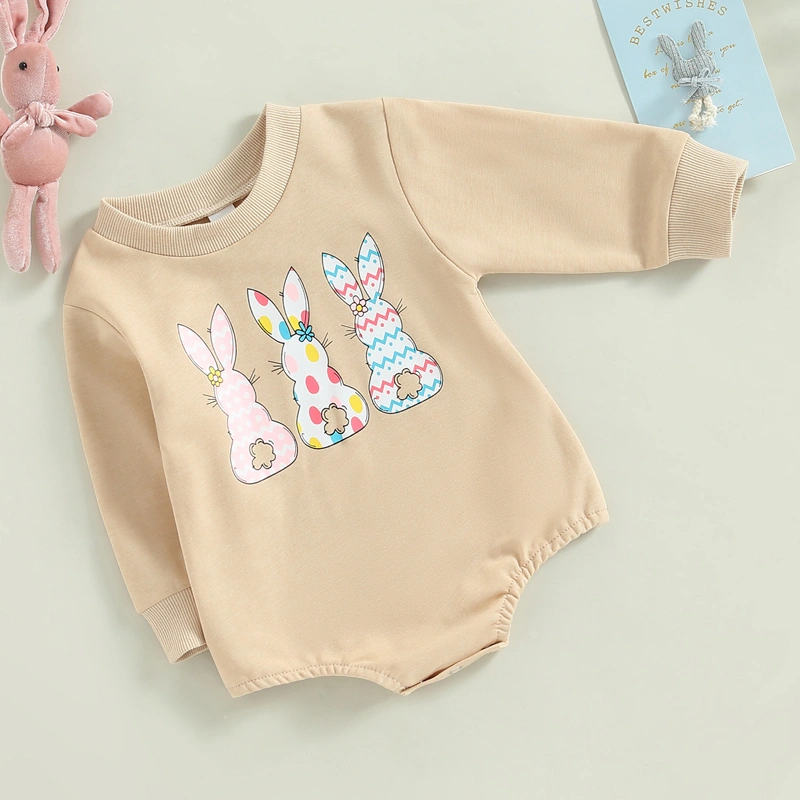 Baby Girls Romper, Long Sleeve Crew Neck Rabbits Print Fall Bodysuit