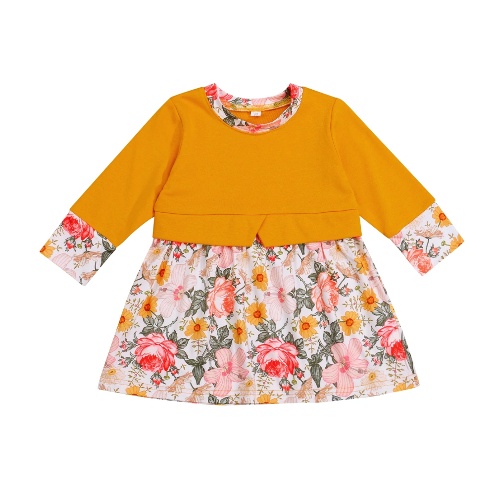 Kids Dress, Flower Print Round Neck Long Sleeve Stitching One-Piece