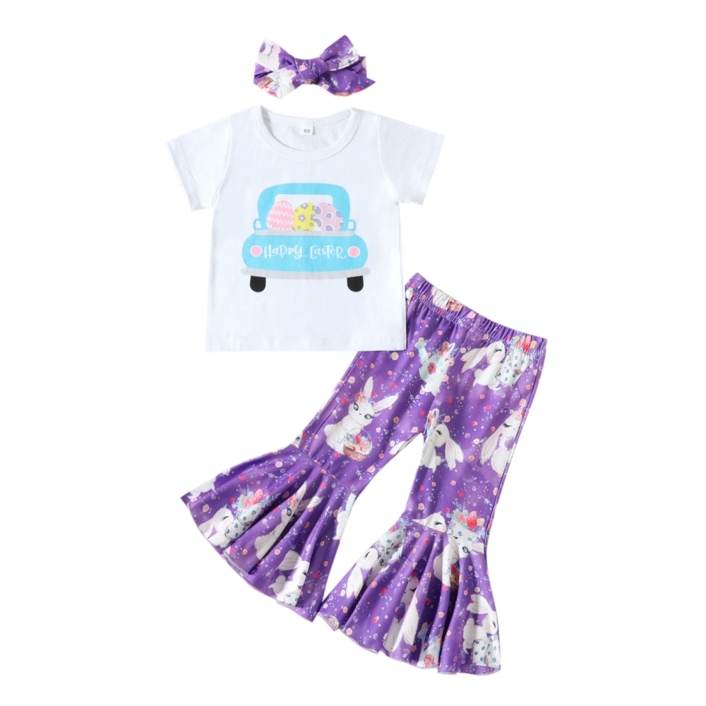 Girls Short Sleeve Round Collar Tops Bell-Bottoms Pants Head Band