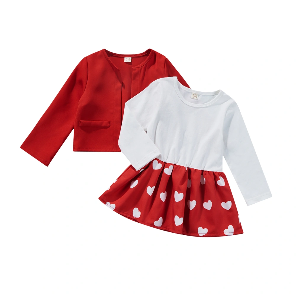 Little Girl Outfits, Open Front Coat+Love-Heart Print Patchwork Dress