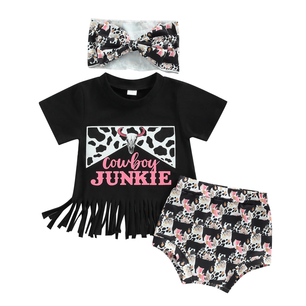 Infant Girl Letter Short Sleeve Tassel T-Shirt + Shorts + Bow Headband