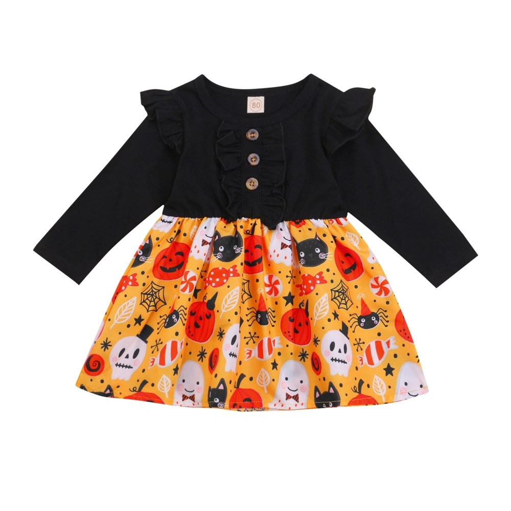 Halloween Little Girls Dress, Printing Splicing Long Sleeve Skirt