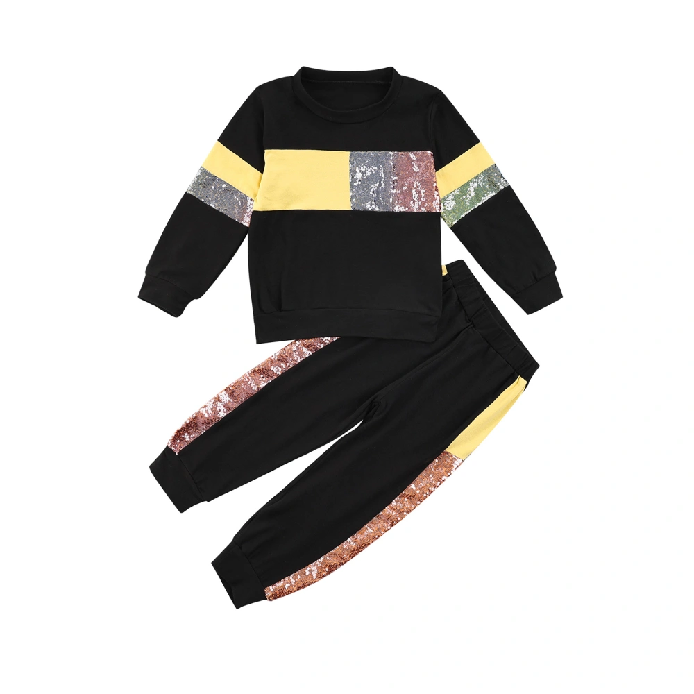 Kids Sequin Long Sleeve Round Neck Pullover + Color Block Pants