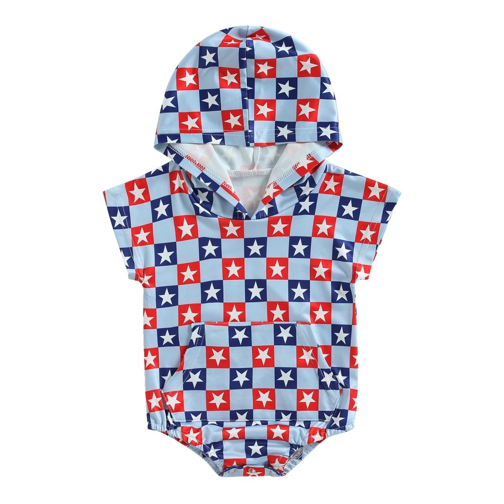 Baby 4th of July Romper, Short Sleeve Star Print Hooded Bodysuit