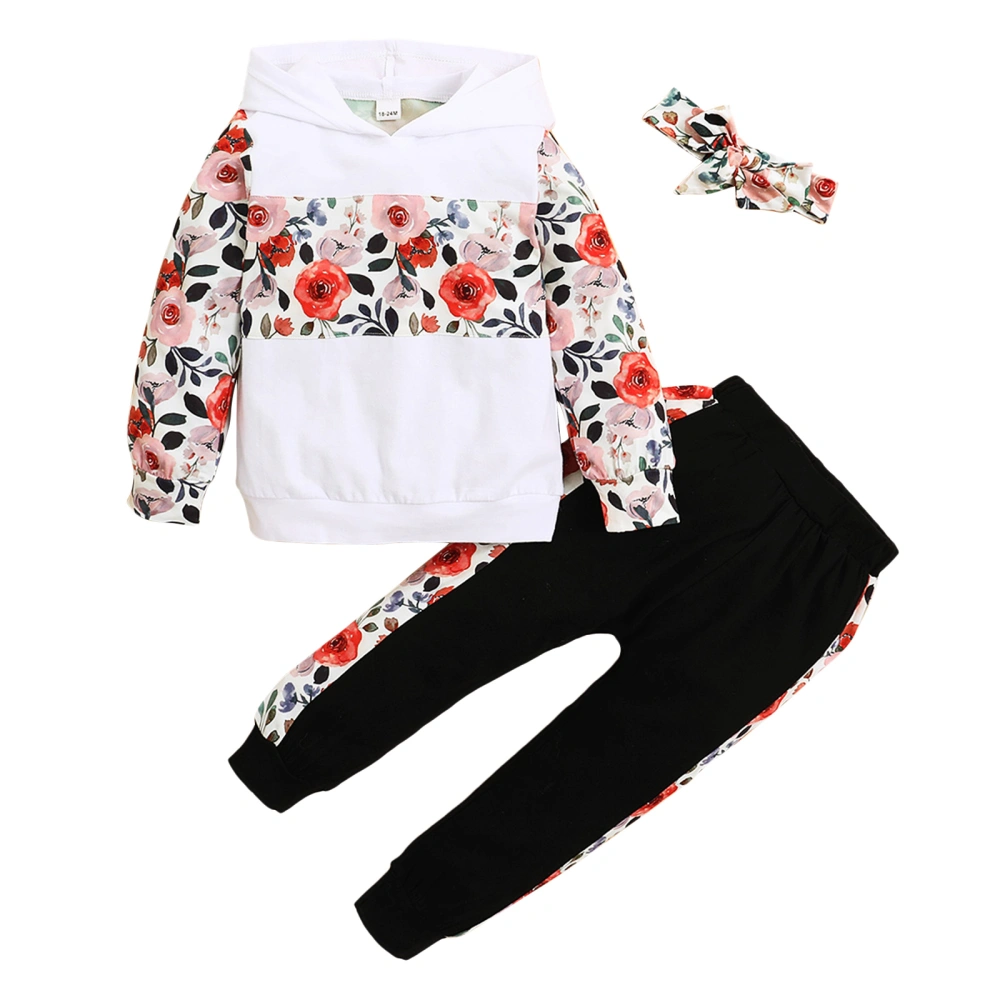 Kids Autumn Outfit, Floral Splicing Hoodie + Casual Pants + Hairband