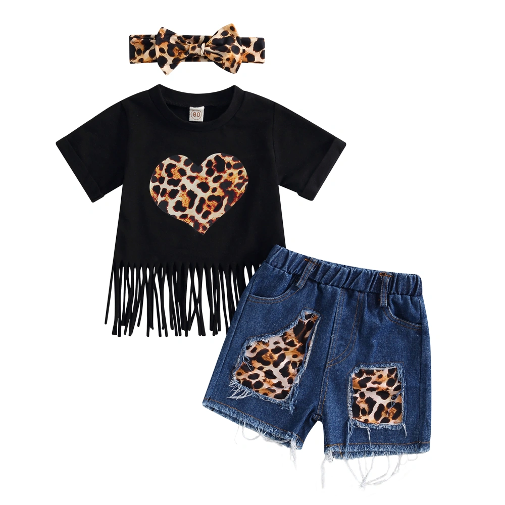 Girls Black Leopard Heart Print Tops + Denim Shorts + Headband