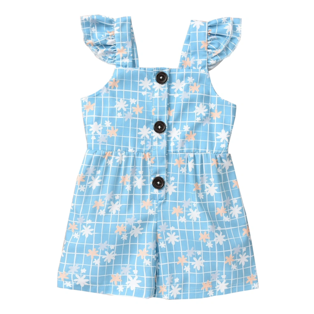 Baby Girl Flower & Plaid Print Fly Sleeve Square Collar Button Romper