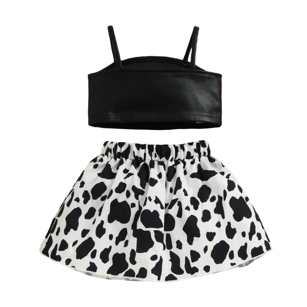 Girl Solid Leather Camisole + Cow Print A-Line Elastic Waist Skirt