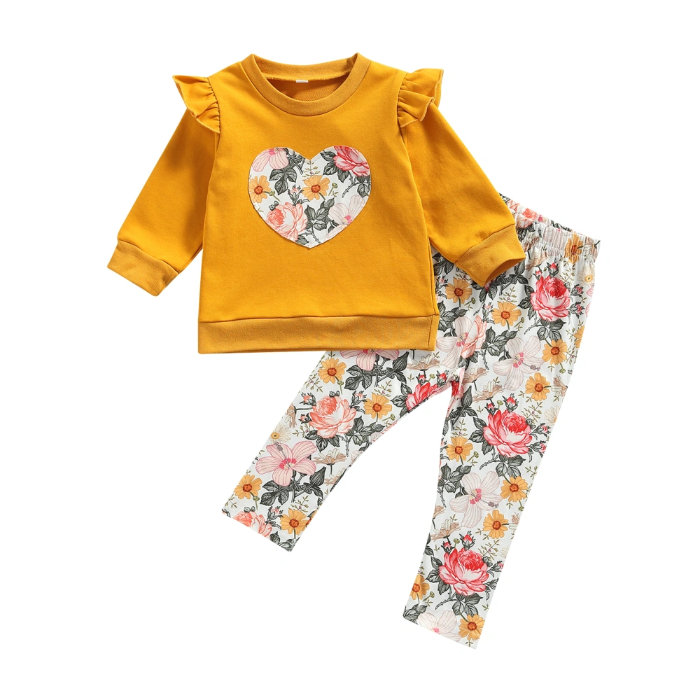 Baby Girls Heart Flower Print Fly Sleeve Round Neck Pullover + Pants