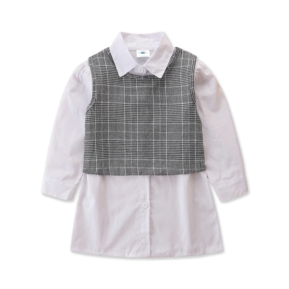 Baby White Dress Long Sleeve Lapel Long Shirt + Round Neck Plaid Vest