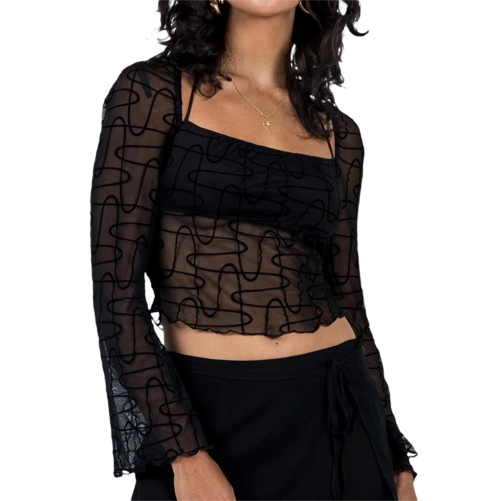 Women Cropped Sheer Lace Shirt Bandage Line Print Long Sleeve Tops