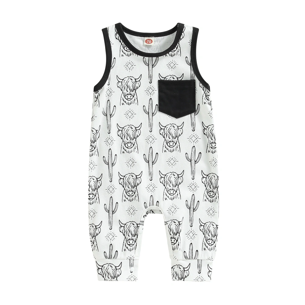 Baby Spring Romper, Sleeveless Round Neck Cow Print Footless Jumpsuit