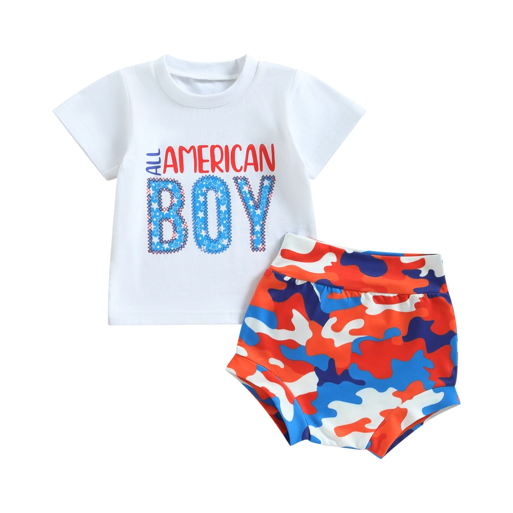 Boy Short Sleeve Round Neck Letters Print Tops + Shorts Suit 