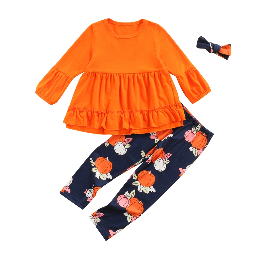 Toddler Girl 3Pcs Fall Clothes, Ruffle Tops + Pumpkin Pants + Headband