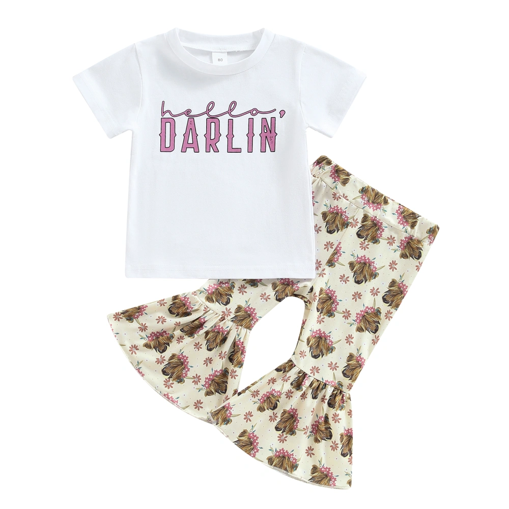 Girl Letter Print Short Sleeve T-Shirt + Cow Head Pattern Flare Pants