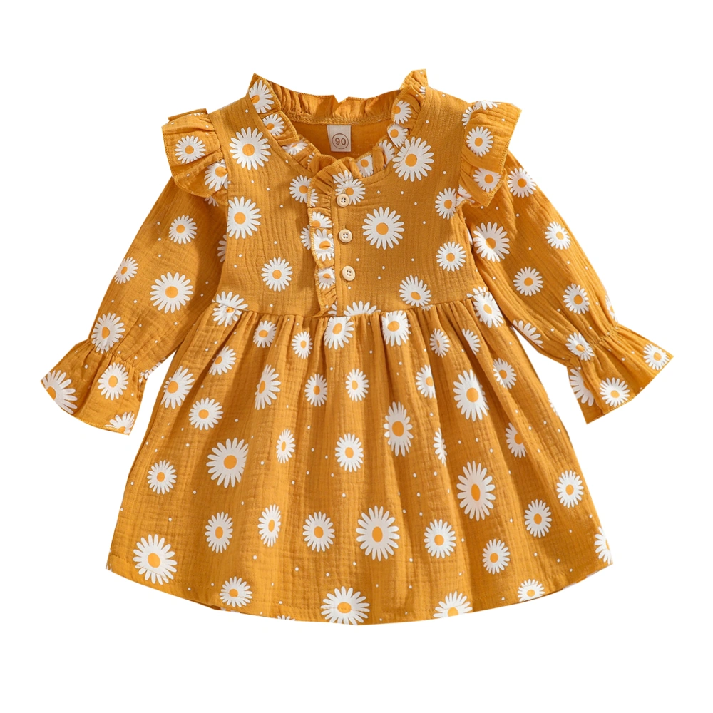 Girl’s Daisy Printed Ruffles Round Neck Long Sleeve A-line Dress