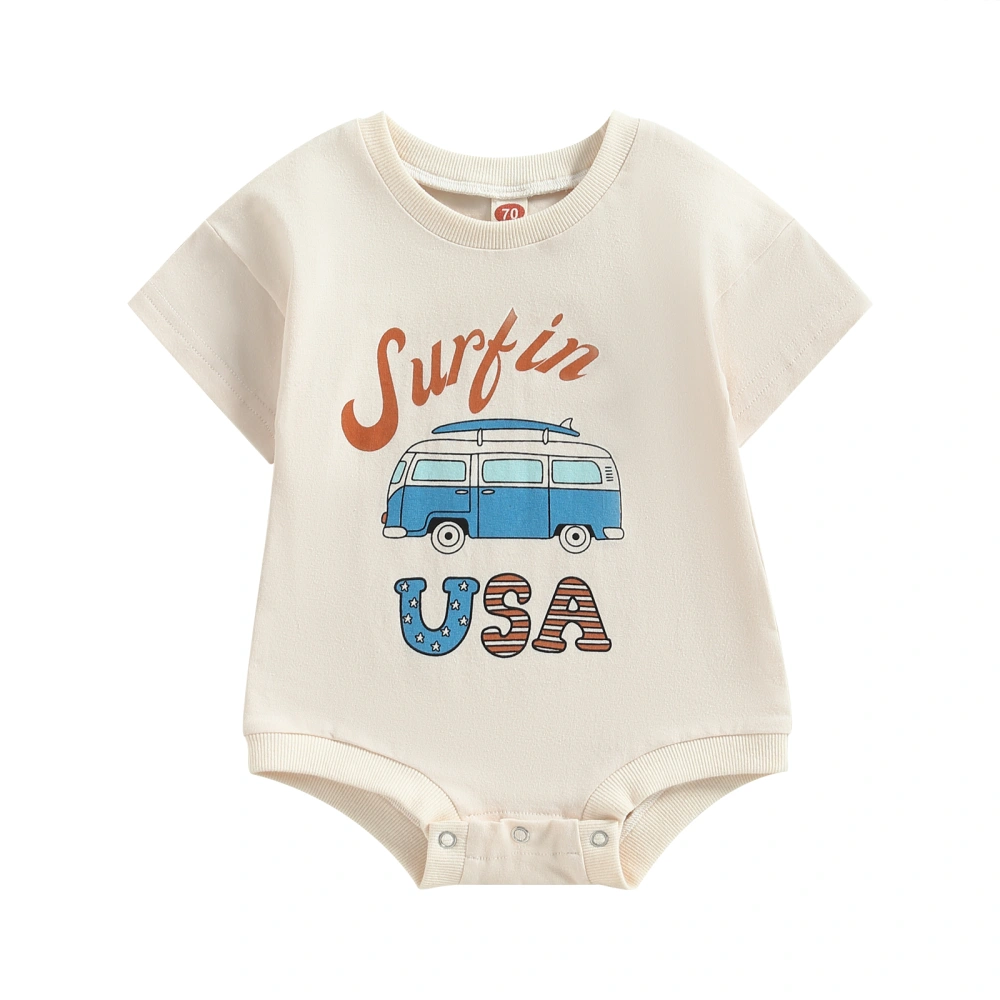 Baby 4th of July Romper, Short Sleeve Bus Letter Print Bodysuit