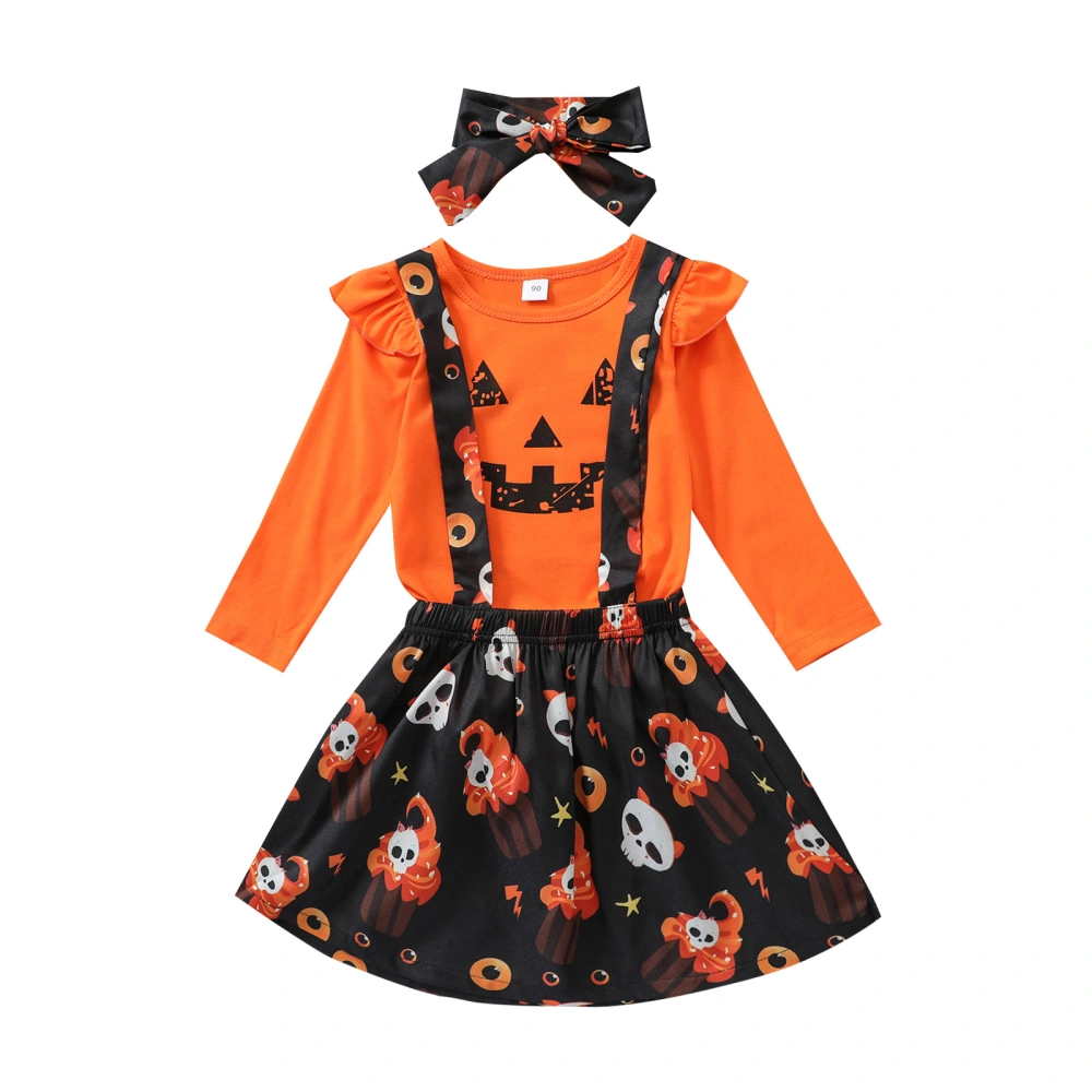 Toddler Halloween Outfit, T-Shirt + Skull Suspenders Skirt + Headband