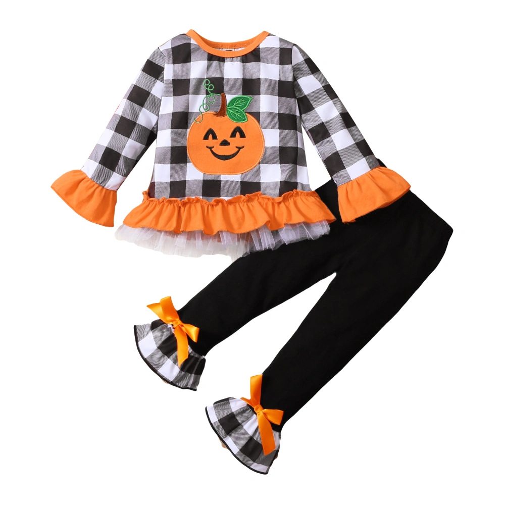 Girl Halloween Clothes Set, Pumpkin Embroidery Tops+Plaid Print Pant