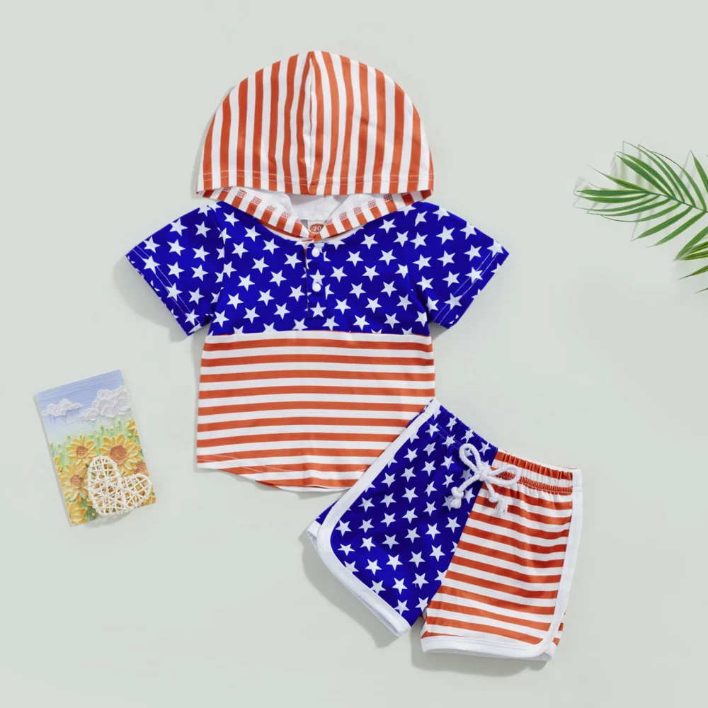 Baby Boys 4th of July Outfits, Short Sleeve Hoodie + Shorts Set