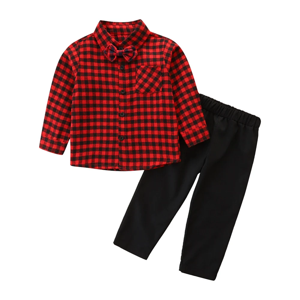 Kids Plaid Turn-Down Collar Long Sleeve Shirt+ Solid Color Long Pants