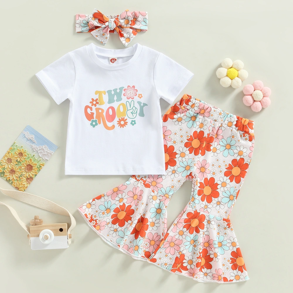 Baby Girls Pants Set, Letters Print T-shirt + Flower Pants + Hairband