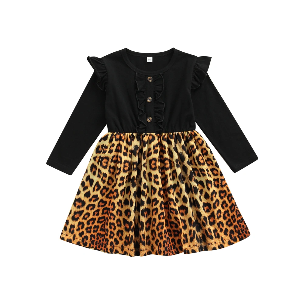 Baby Girl Dress Long Ruffle Sleeve Round Neck Leopard A-Lined Midi