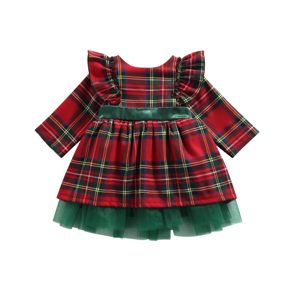 Christmas Dress, Plaid Fly Sleeve Round Neck Mesh Patchwork One-piece